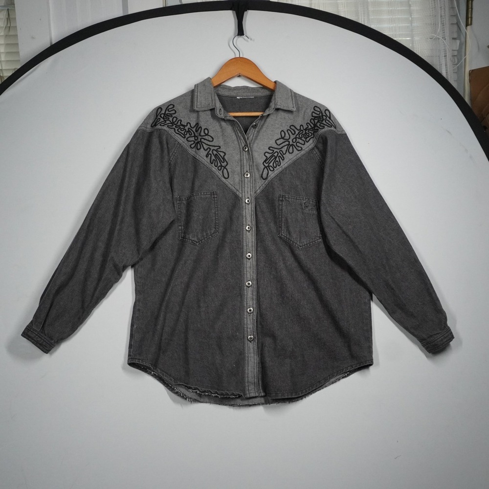 VTG Western Two Tone Grey Black Denim Embroidered Button Down Shirt XL 90s Rodeo